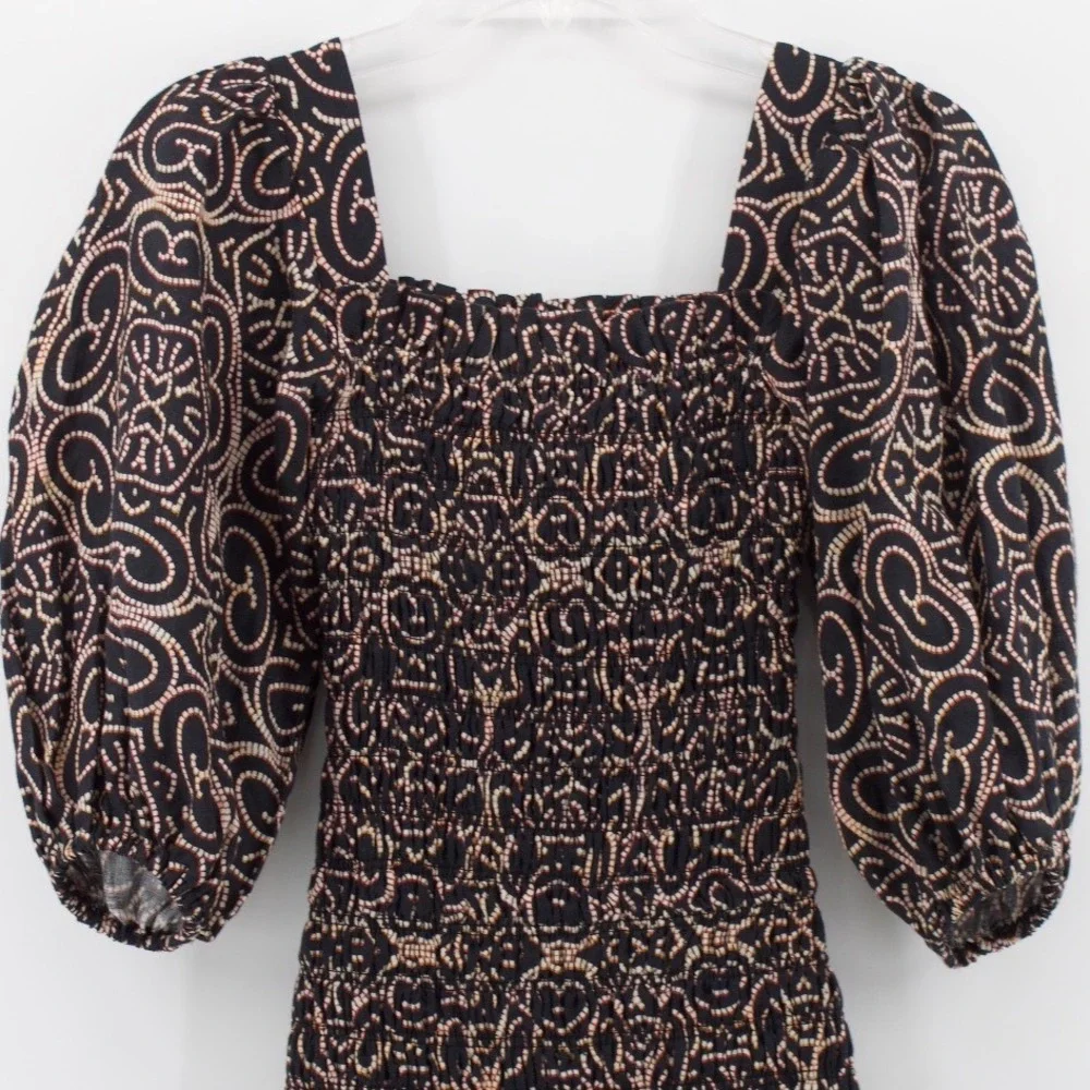 Alexis Mini Dress Womens XS Black Geometric Smocked Puff Sleeve Linen Ruffle